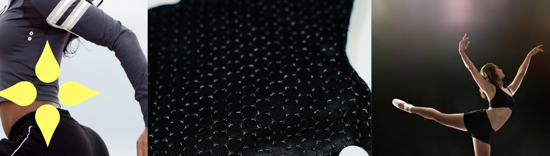 Dance outfit with black and yellow design, close-up of black fabric, dancer in action. Mighty Eve Brand