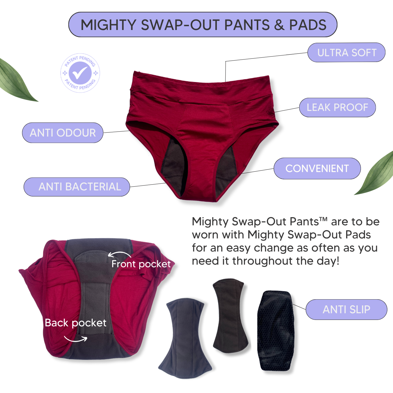 Swap-out Period Pants with 3 Pads and Free Clutch Wash Bag