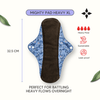 Mighty Heavy Night Popper Pad - MightyEve Mighty reusable period popper Pad Heavy XL with blue floral pattern and measurements on a white background