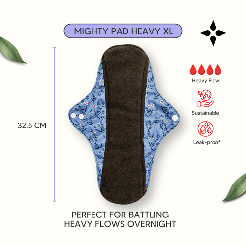 Mighty Heavy Night Popper Pad - MightyEve Mighty reusable period popper Pad Heavy XL with blue floral pattern and measurements on a white background