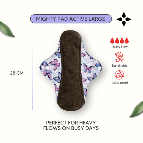 Mighty Heavy Active Popper Pad - MightyEve Mighty Pad Active Large showing main features with butterfly pattern on a white background