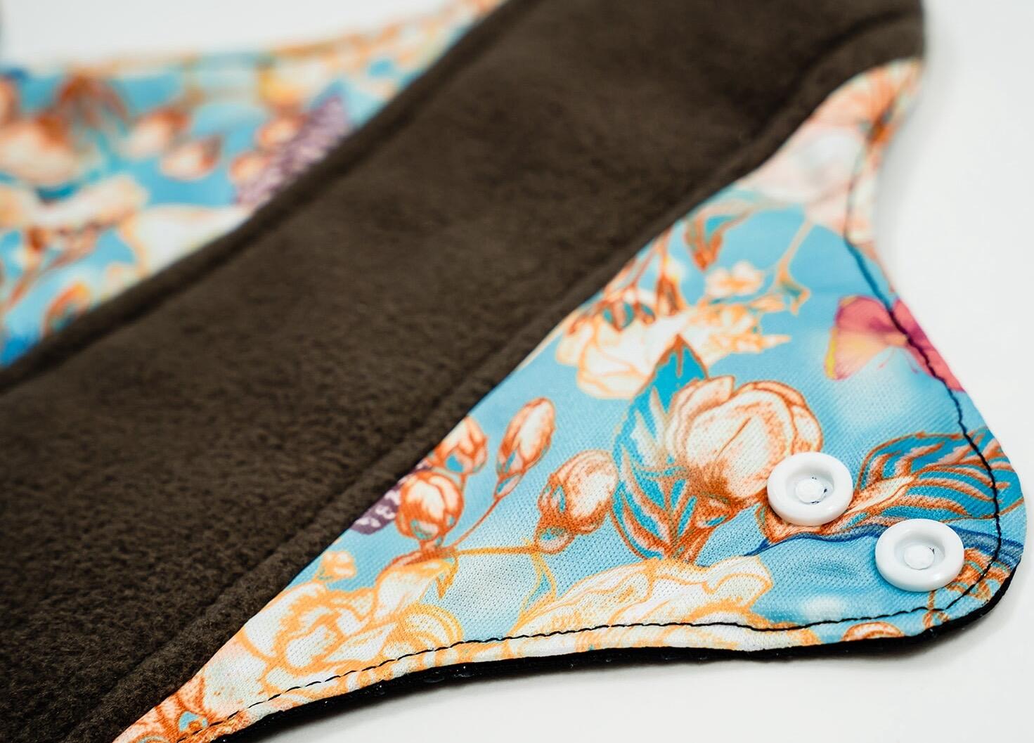 Mighty Medium Popper Pad - MightyEve Floral - patterned reusable period pad medium with buttonsshowing bamboo charcoal fabric on a white background