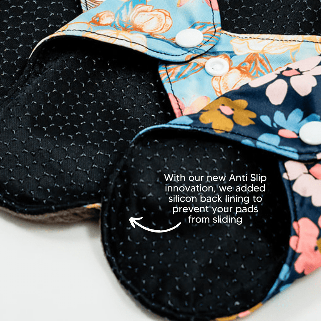 Mighty Heavy Night Popper Pad - MightyEve Floral - patterned period pads with anti - slip silicon back lining on a white background