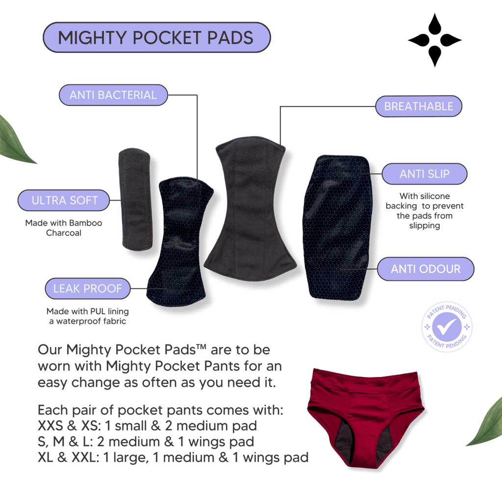 Mighty Pocket Period Pants & Pads - MightyEve Mighty Pocket Period Pads product description with features and usage information.