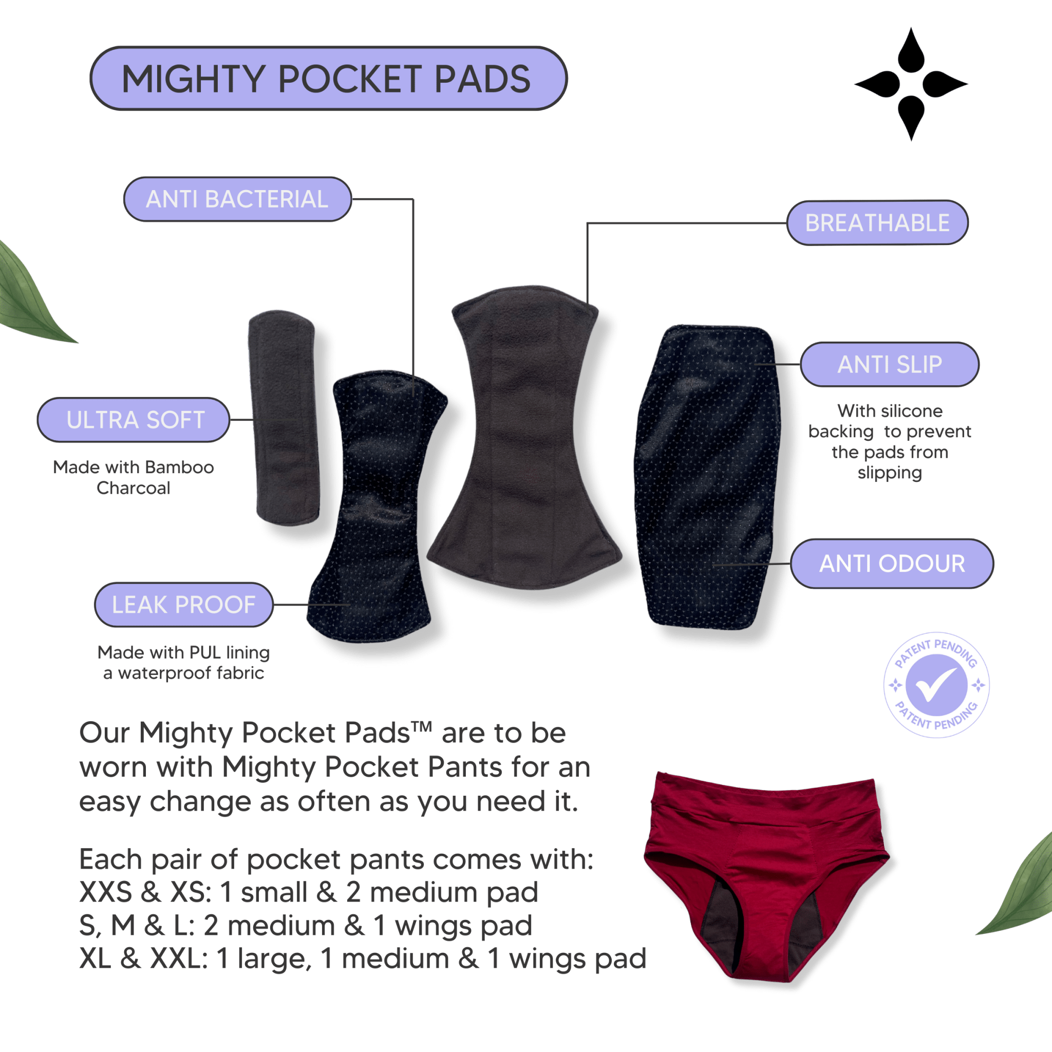 Mighty Pocket Period Pants & Pads - MightyEve Mighty Pocket Period Pads product description with features and usage information.