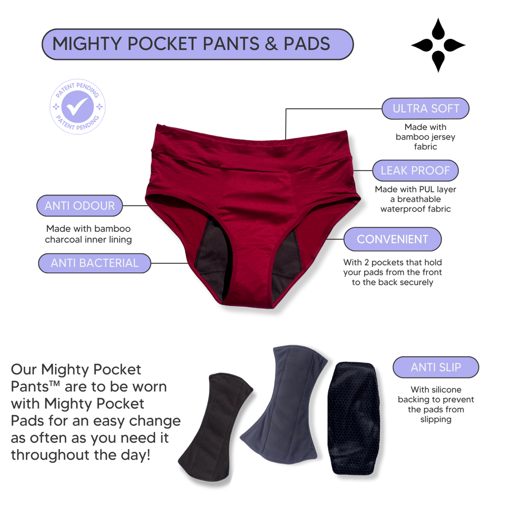 Mighty Pocket Period Pants & Pads - MightyEve Red pocket period pants with features highlighted on a white background