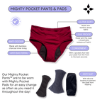 Mighty Pocket Period Pants & Pads - MightyEve Red pocket period pants with features highlighted on a white background