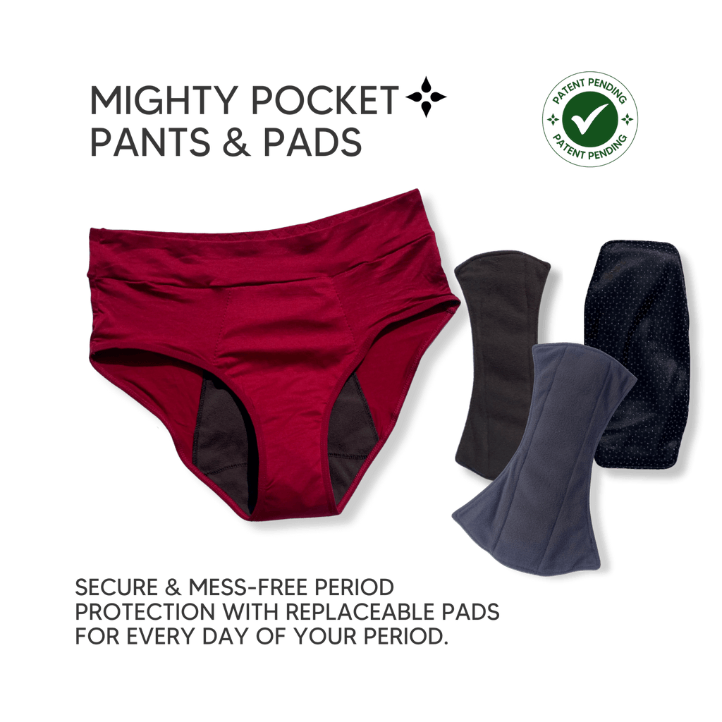 Mighty Pocket Period Pants & Pads - MightyEve Red pocket pants with replaceable pads on a white background