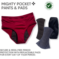 Mighty Pocket Period Pants & Pads - MightyEve Red pocket pants with replaceable pads on a white background