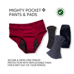 Mighty Pocket Period Pants & Pads - MightyEve Red pocket pants with replaceable pads on a white background
