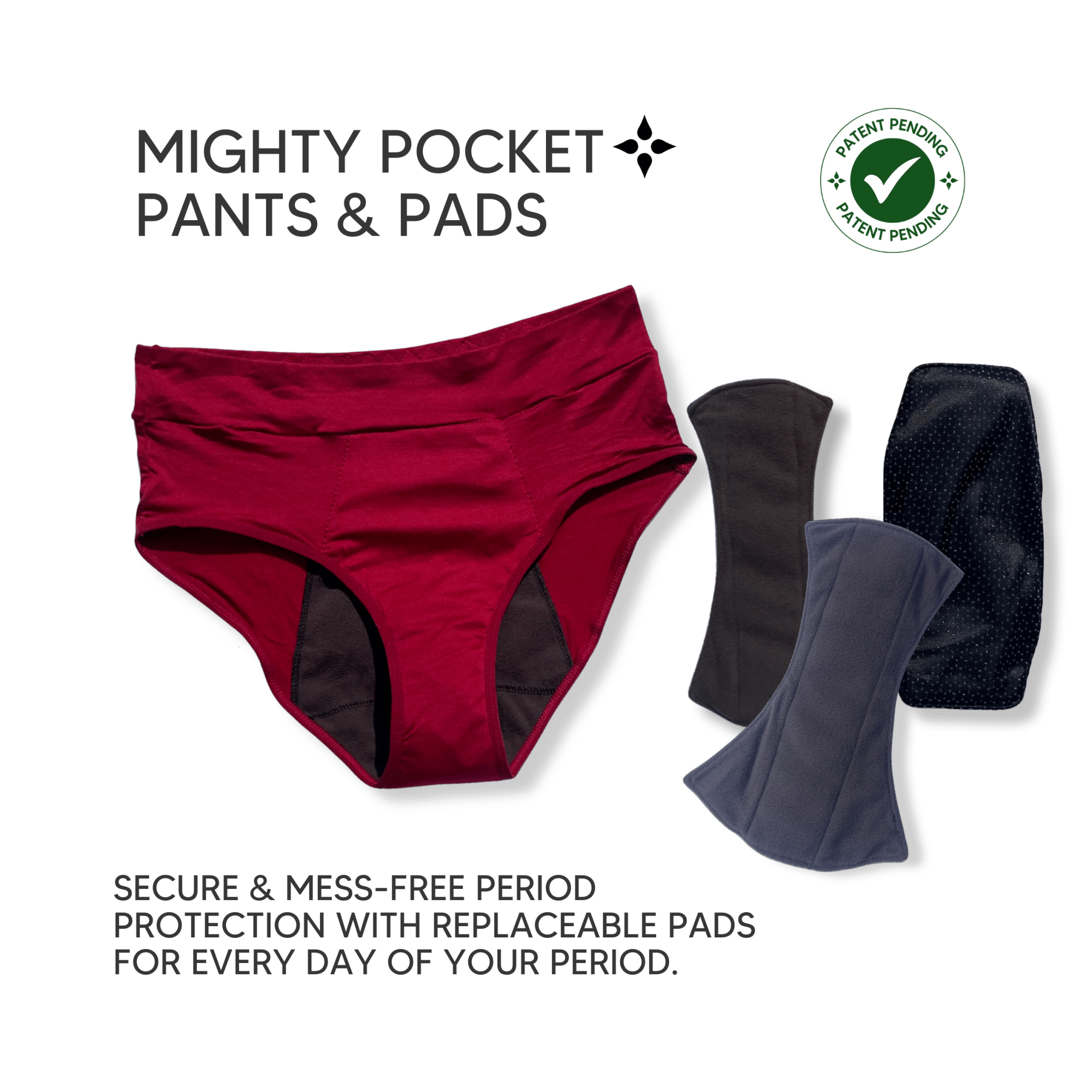 Mighty Pocket Period Pants & Pads - MightyEve Red pocket pants with replaceable pads on a white background