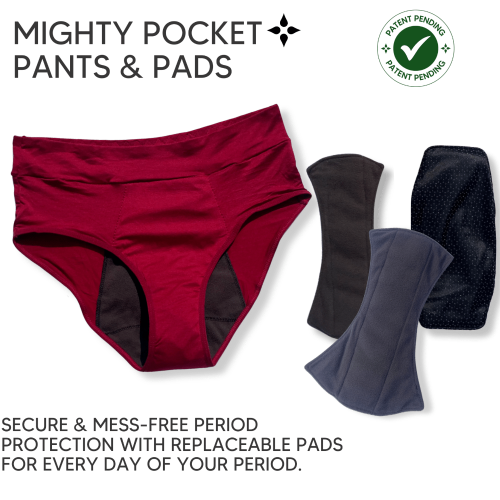 Mighty Pocket Period Pants & Pads - MightyEve Red pocket pants with replaceable pads on a white background