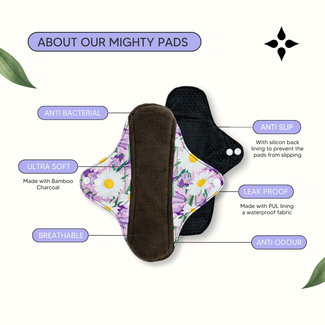 Mighty Heavy Night Popper Pad - MightyEve Mighty period popper pads with features labeled on a white background