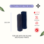 Mighty Pocket Pad Set of 3 - Small - MightyEve Two charcoal grey Mighty Pocket Pad Small products with dimensions, features, and compatibility information on a white background.