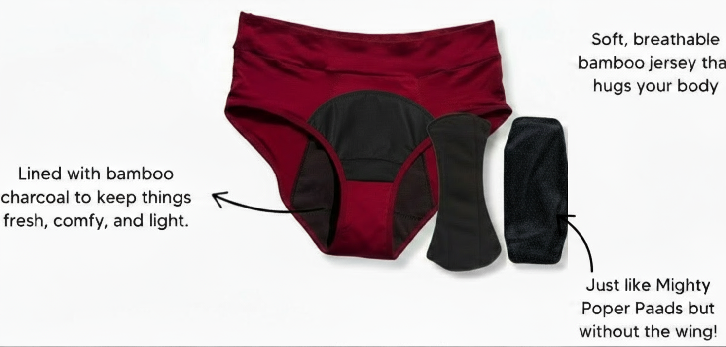 Red underwear with black accents on a white background, featuring text about its features.