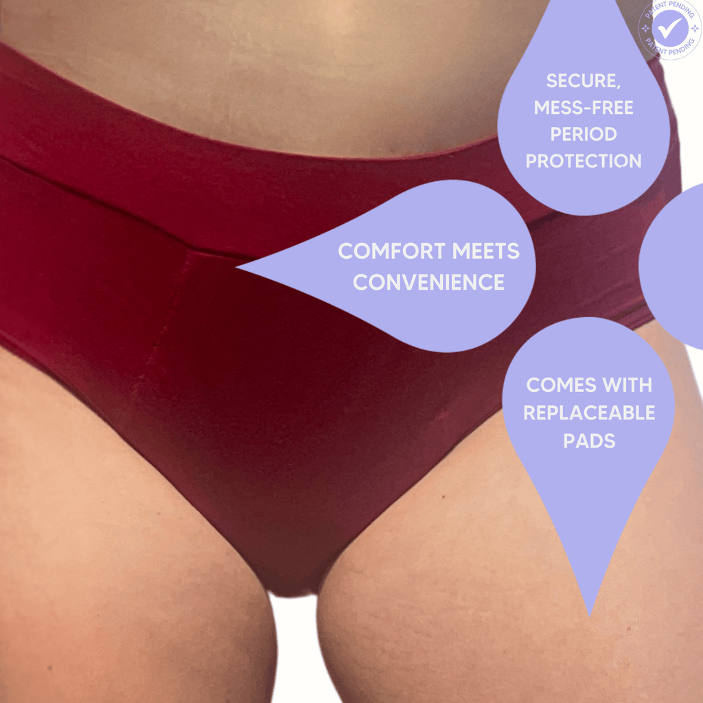 Mighty Pocket Period Pants & Pads - MightyEve Red period pocket pants product with text on comfort, convenience, and features.