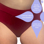 Mighty Pocket Period Pants & Pads - MightyEve Red period pocket pants product with text on comfort, convenience, and features.