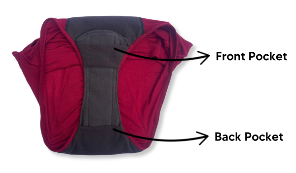 Red pants with front and back pockets labeled, featuring text on a white background.