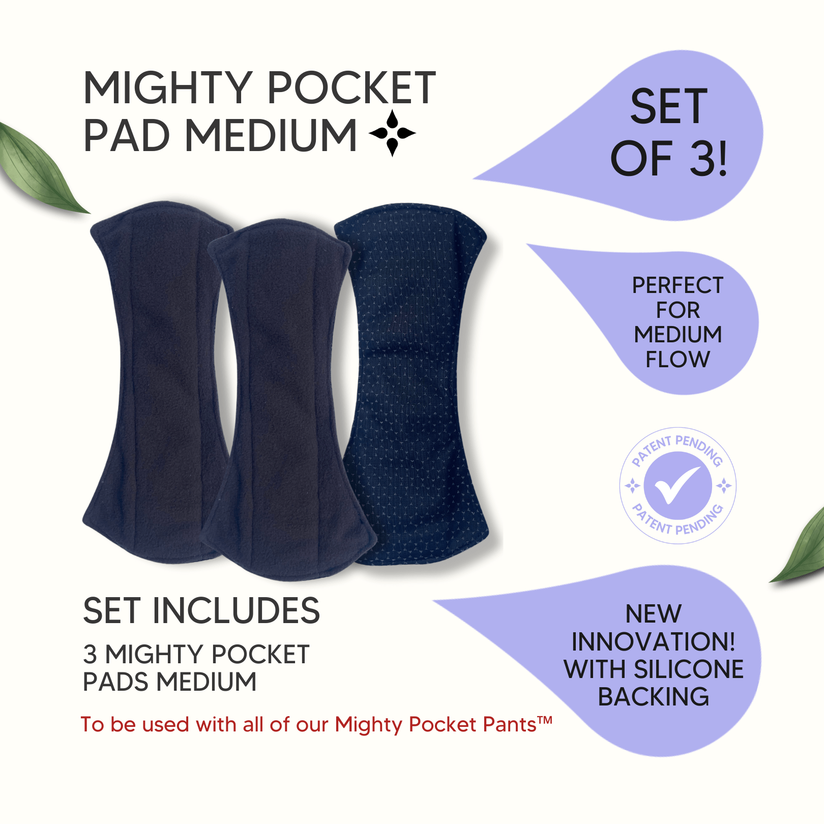 Mighty Pocket Pad Set of 3 - Medium - MightyEve Set of three Mighty Pocket Pads Medium with promotional text on a white background