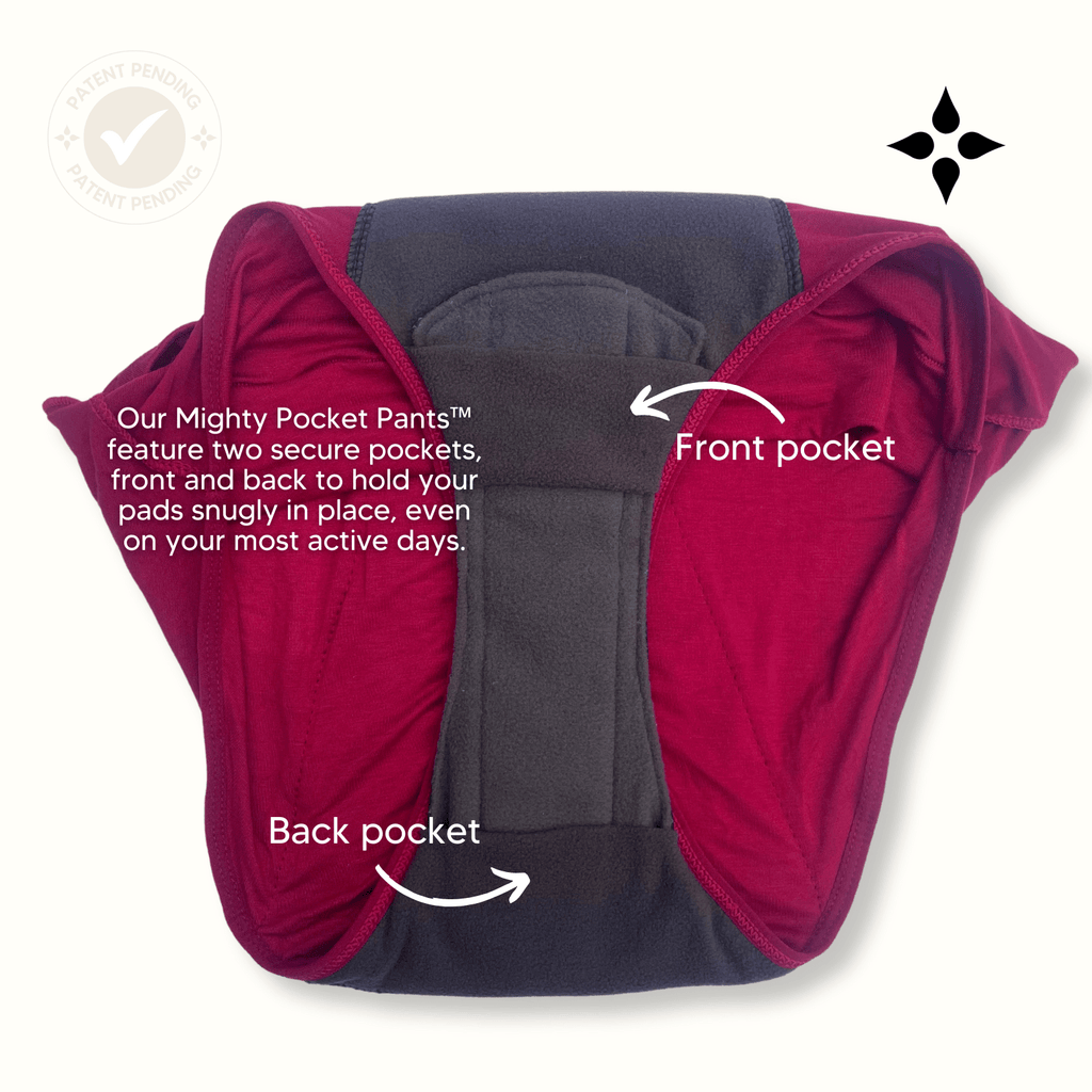 Mighty Pocket Period Pants & Pads - MightyEve Red and gray period pocket pants with labeled front and back pockets on a white background