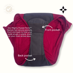 Mighty Pocket Period Pants & Pads - MightyEve Red and gray period pocket pants with labeled front and back pockets on a white background