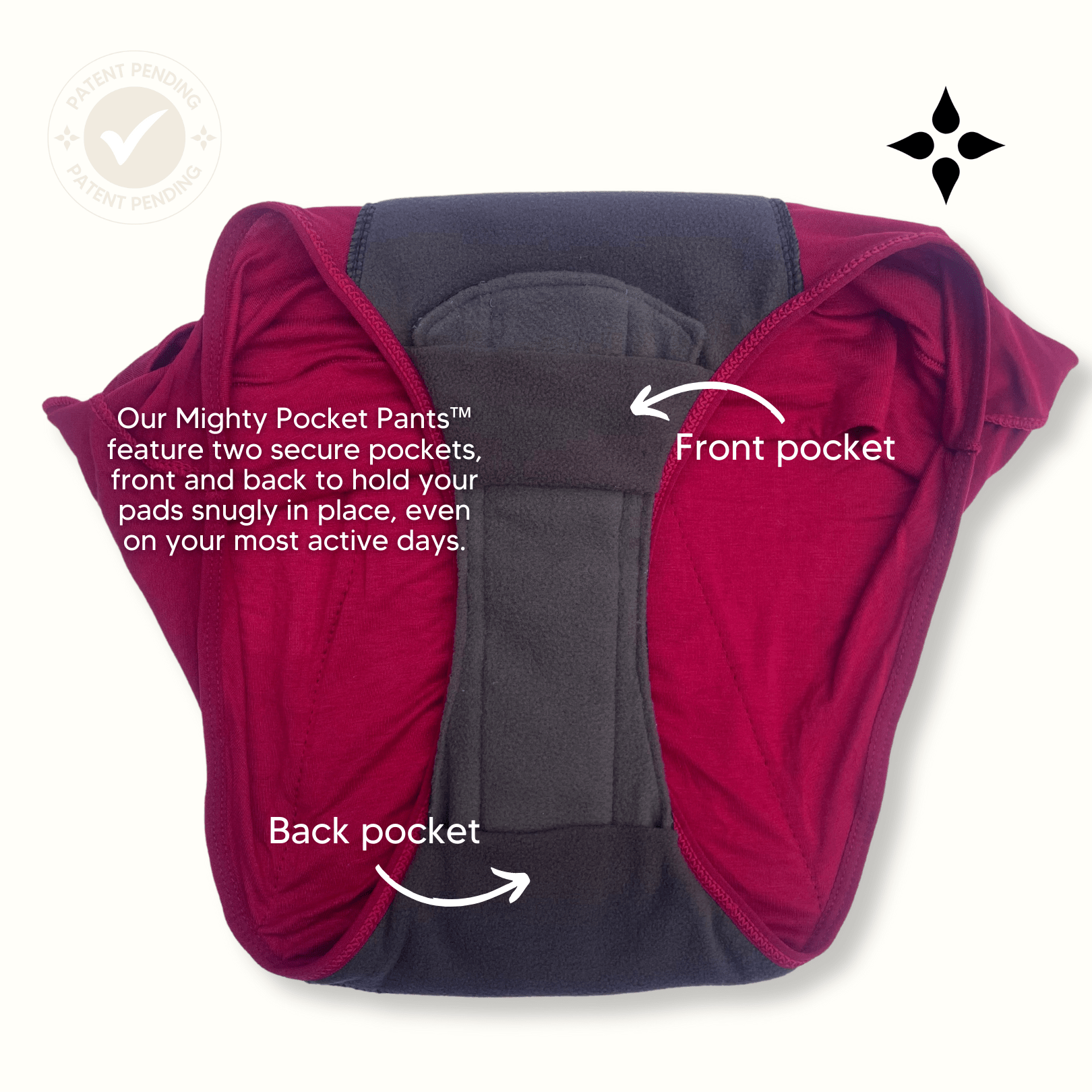 Mighty Pocket Period Pants & Pads - MightyEve Red and gray period pocket pants with labeled front and back pockets on a white background