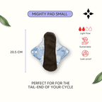 Mighty Light Popper Pad - MightyEve Mighty period popper Pad Small product with dimensions, features, and text on a white background