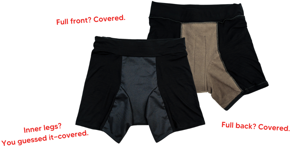 Three pairs of period shorts in black, gray, and brown on a white background with text indicating coverage.