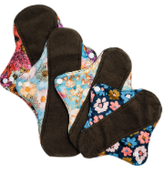 Set of floral-patterned sanitary pads on a white background