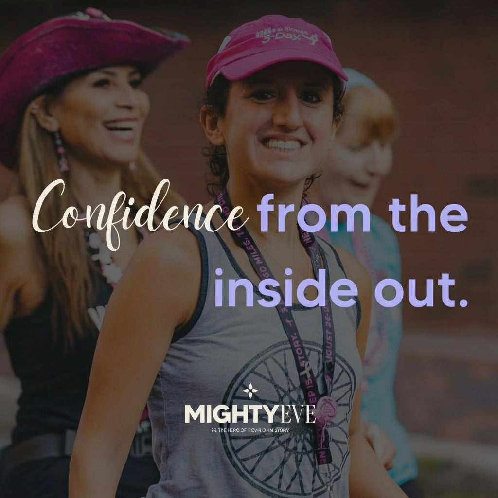 Two women wearing pink hats with 'Mighty Eve' branding, surrounded by text about confidence.