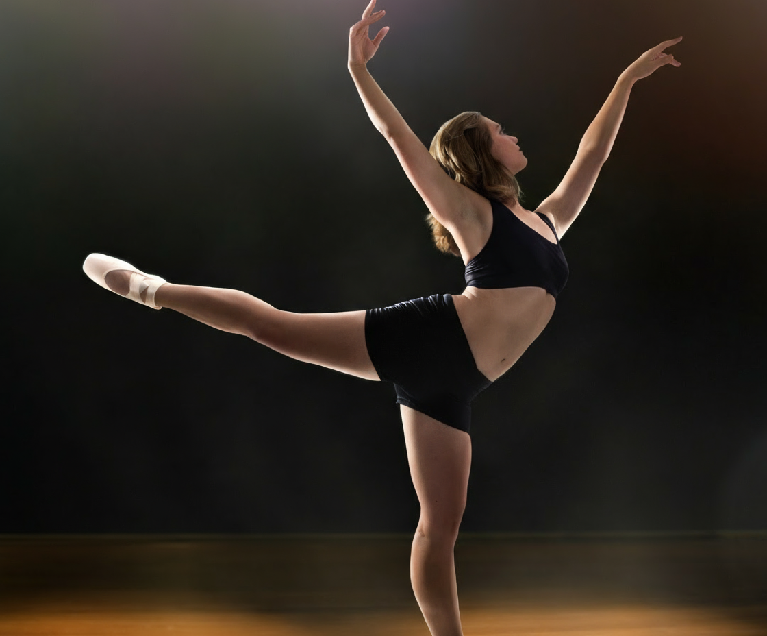 Dancer in a black leotard performing on a dark background with motivational text about period comfort.