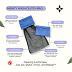 Mighty Wash Clutch Bag - MightyEve Mighty Wash Clutch Bag with features highlighted on a white background