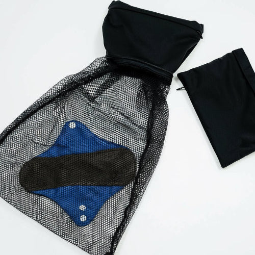 Mighty Wash Clutch Bag - MightyEve WCB01 Black mesh bag, blue fabric, and black hood on a white background