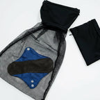 Mighty Wash Clutch Bag - MightyEve WCB01 Black mesh bag, blue fabric, and black hood on a white background