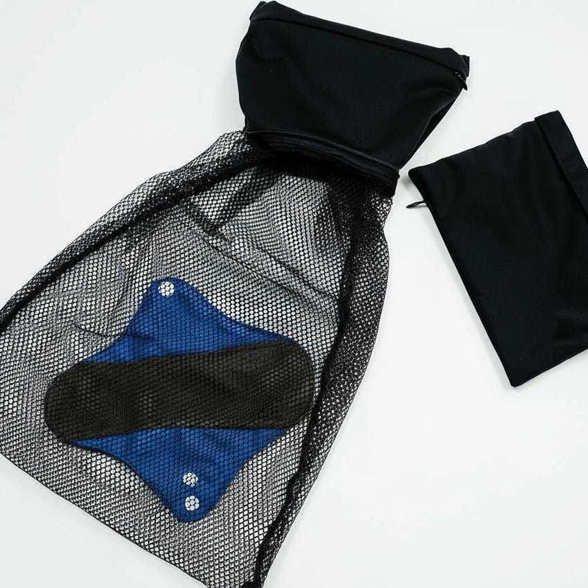 Mighty Wash Clutch Bag - MightyEve WCB01 Black mesh bag, blue fabric, and black hood on a white background