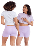 Two women wearing matching lilac Night Period Shorts - Comfort Heavy Flow on a white background