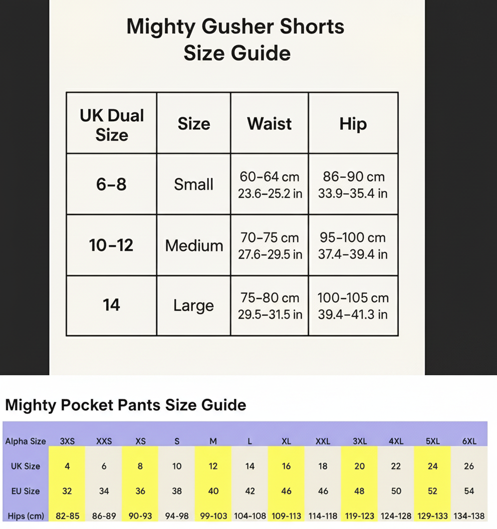 Size guide for Mighty Gusher Shorts with waist and hip measurements.