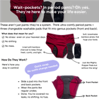 Mighty Pocket Period Pants & Pads - MightyEve Promotional graphic for period pocket pants with features and benefits highlighted.