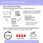 Mighty Pocket Period Pants & Pads - MightyEve Instructions on how to care for reusable pads with icons and text.